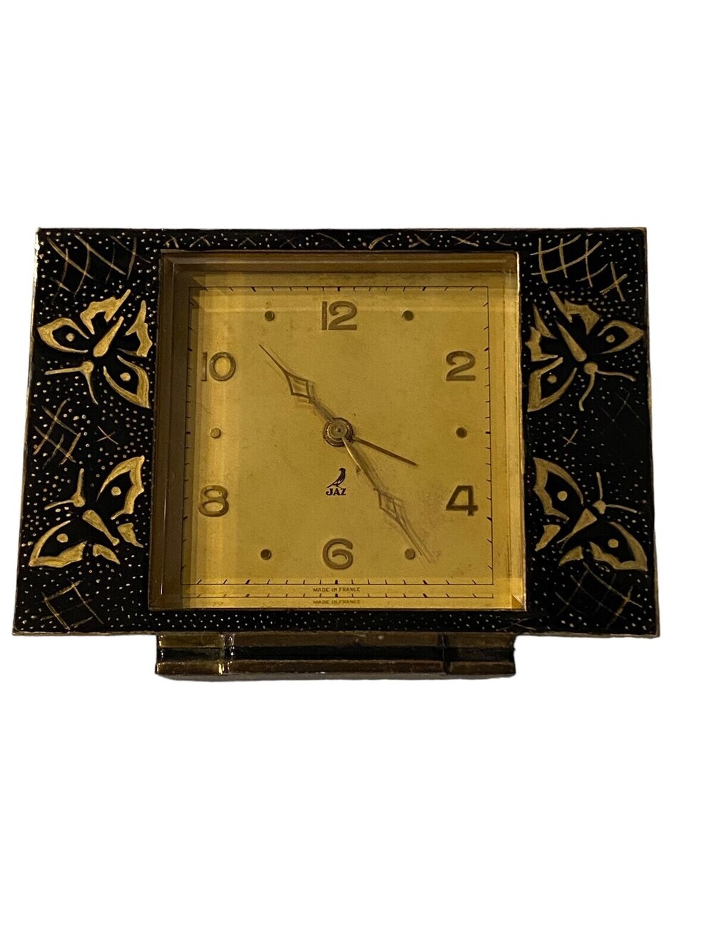 Antique Jaz French Enamel Art Deco Travel Clock with Butterflies